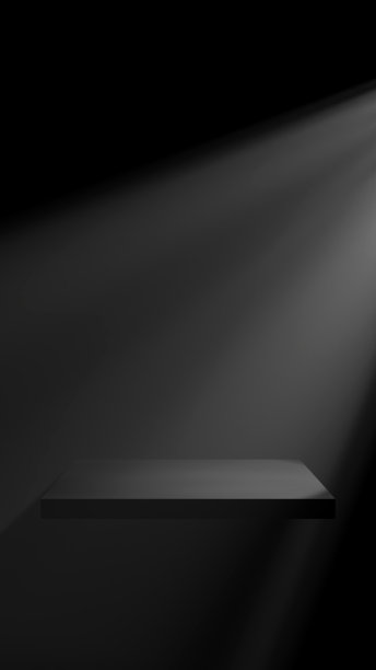 3 d演示。黑色背景上的方形黑色底座，架子。聚光灯下。神雷。背景材料。(垂直)图片下载