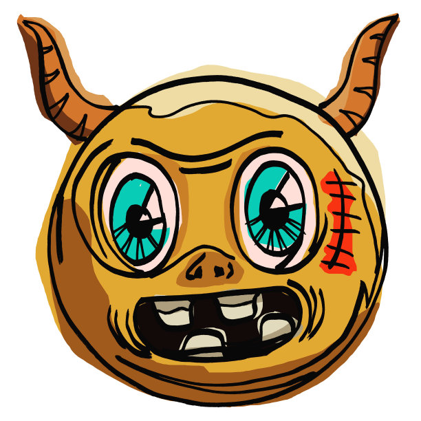 可爱的魔鬼头与伤疤和角的丙烯画插图图片下载