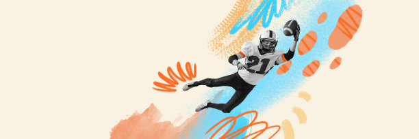 当代艺术拼贴。动态肖像的美国足球运动员在制服训练，接球。复古的风格。运动，复古，20年代，时尚，行动的概念图片下载