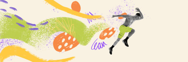 有创意的拼贴画与年轻的运动运动的男子，奔跑。创意、行动、能量、运动、竞争和广告的概念。图片下载