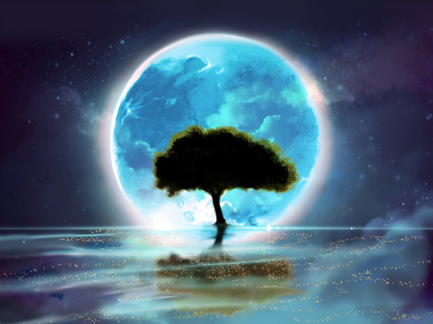一个巨大的树影剪影的幻想景观背景插图被一个蓝色的满月照亮了水面。图片下载