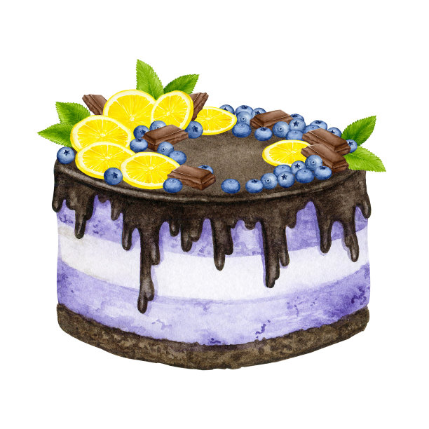 用水果、巧克力和薄荷装饰的蓝莓蛋糕。水彩节日剪纸贺卡的设计，邀请，菜单，标志，织物印花。婚礼、生日、周年纪念设计。图片下载