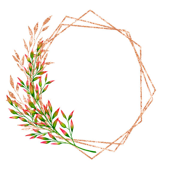 水彩多边形金色框架与绿色和金色的分支。植物插图。模板婚礼设计，周年纪念，生日和其他庆祝活动。图片下载
