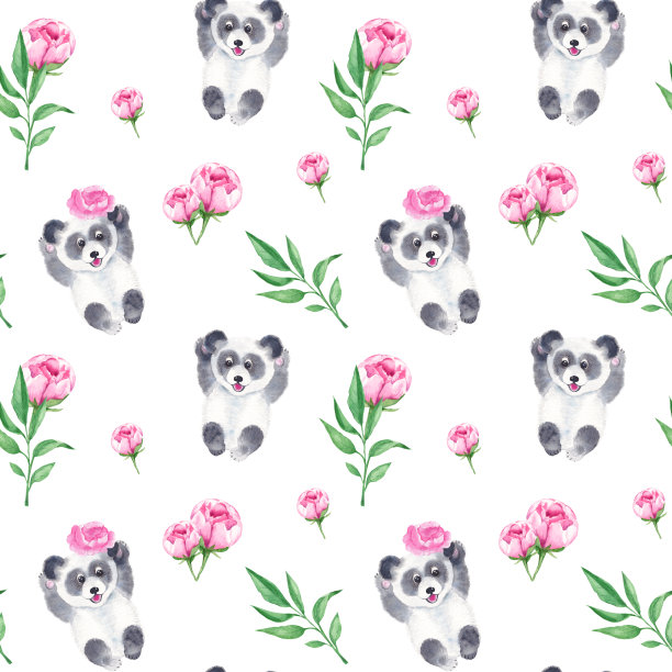 无缝图案与可爱的熊猫和牡丹花。水彩手绘插图。图片下载
