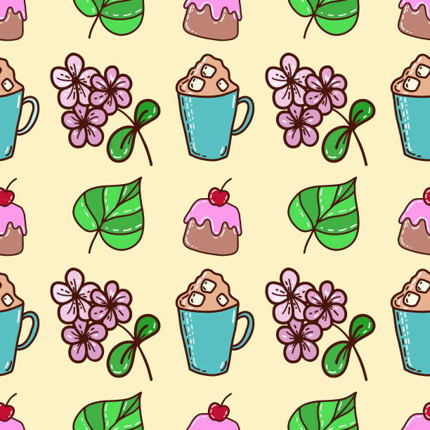 白色背景上的无缝矢量图案。一杯咖啡，树叶，蛋糕，粉红色的花。织物的纹理，包装纸，你的设计图纸的装饰。图片下载