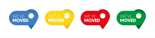 设置我们已经移动简单徽章。平面极简趋势现代标志图形设计孤立在白色背景。关于更改部署位置或重新定位弹出标签的消息概念图片下载