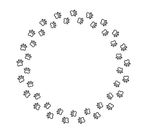 狗爪印圈框。可爱的猫爪印框架。宠物步道边界。黑色的狗步剪影。简单的涂鸦。矢量插图隔离在白色背景上。图片下载