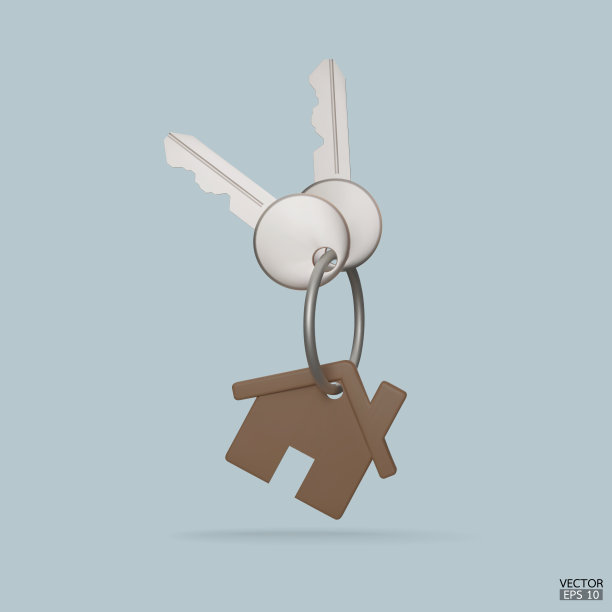 带着木屋钥匙链的钥匙。房地产经纪人会给你钥匙。租房横幅模板。三维矢量插图。图片下载