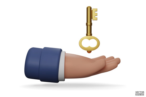 3d卡通手握金钥匙抵押贷款。房地产经纪人会给你钥匙。租房横幅模板。三维矢量插图。图片下载