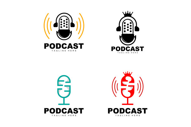 播客标志，矢量，耳机和聊天，简单的复古麦克风设计图片下载
