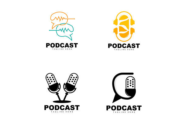 播客标志，矢量，耳机和聊天，简单的复古麦克风设计图片下载