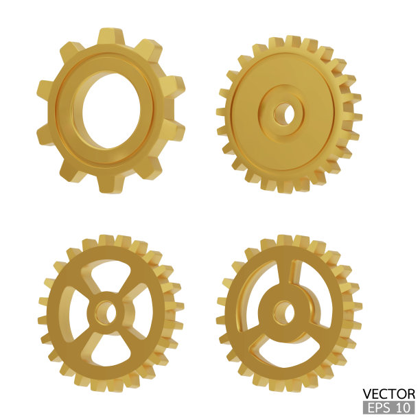 4金齿轮图标集。金色传动齿轮和齿轮隔离在白色背景上。黄色机器齿轮，设置符号，维修，优化工作流程概念。三维矢量插图。图片下载