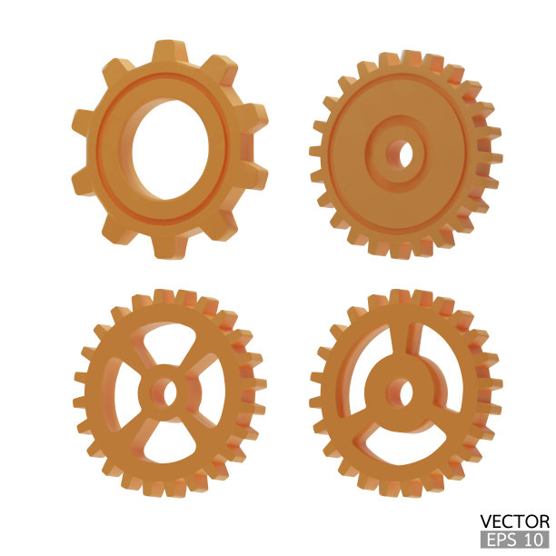 4 .黄色齿轮图标设置。金色传动齿轮和齿轮隔离在白色背景上。黄色机器齿轮，设置符号，维修，优化工作流程概念。三维矢量插图。图片下载