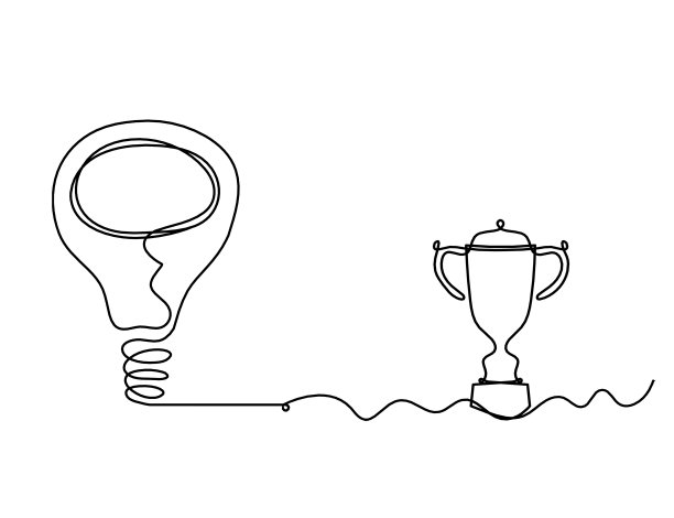 抽象灯泡与奖杯作为线画在白色图片下载