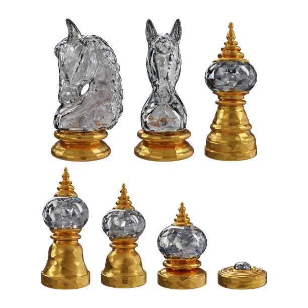 3D插图渲染描绘了一套由黄金和钻石制成的传统泰国象棋棋子。图片下载