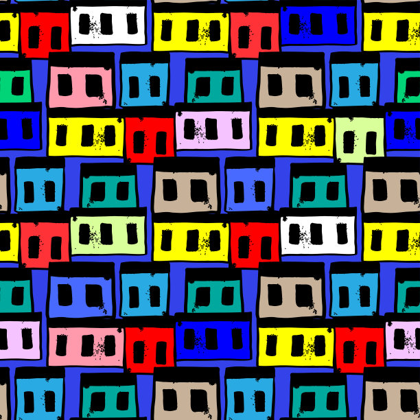 小而明亮的彩色墨水房子孤立在蓝色背景上。可爱的无缝图案。矢量简单平面图形手绘插图。纹理。图片下载