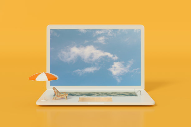 笔记本电脑游泳池，暑假和旅游的概念图片下载