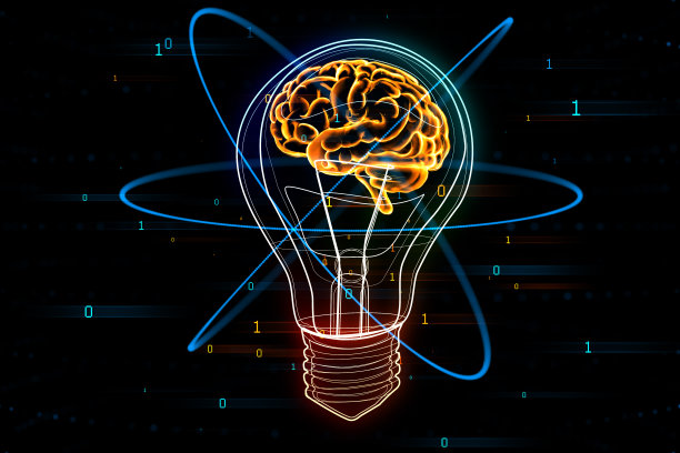 创造性的想法和头脑风暴概念与发光的黄色人脑内数字灯泡上抽象的黑色背景与数字。三维渲染图片下载