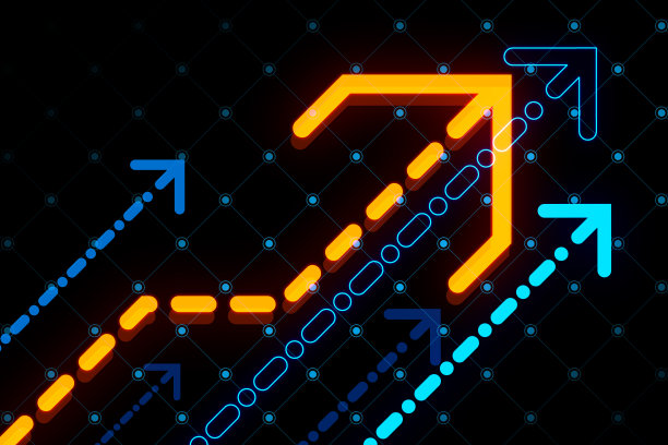 财务结果和业务增长概念与数字图形彩色箭头上升在黑暗的技术背景。三维渲染图片下载