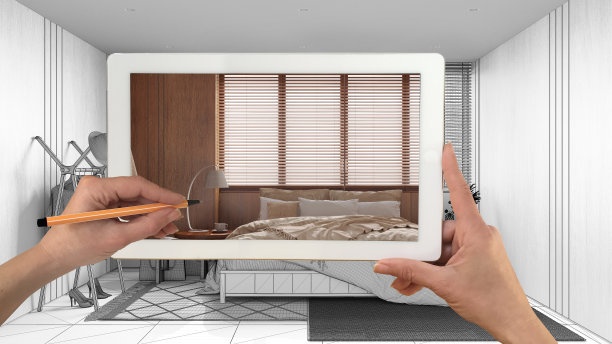 增强现实概念。手持平板与AR应用程序用于模拟家具产品在定制建筑设计，黑墨水素描，日式卧室图片下载