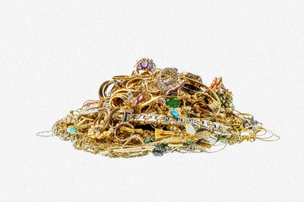 彩色珠宝堆孤立的白色油画效果图片下载