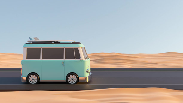 3D动画循环复古露营车在沙漠地区的道路上行驶图片下载