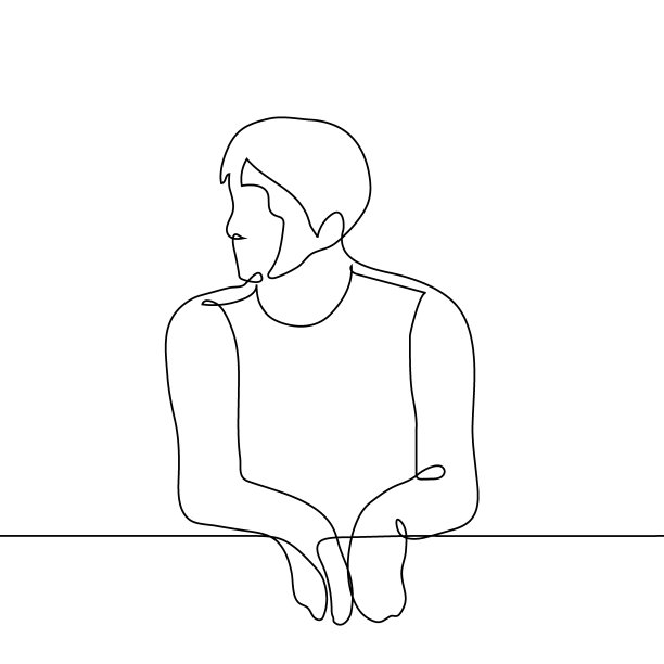 男人把胳膊肘靠在栏杆上望向远方——一条线画矢量。概念反思，观察者图片下载