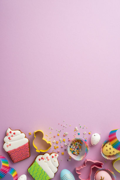 复活节饮食概念。顶部查看垂直照片的复活节鸡蛋蛋糕形状的姜饼和彩色纸烘焙模具洒在孤立的紫丁香背景与复制空间图片下载