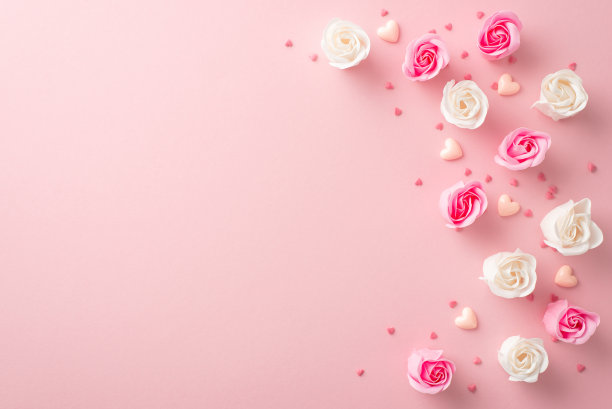 母亲节的概念。顶部视图照片的小白色和粉红色玫瑰小心脏和洒在孤立的粉彩粉红色背景与复制空间图片下载