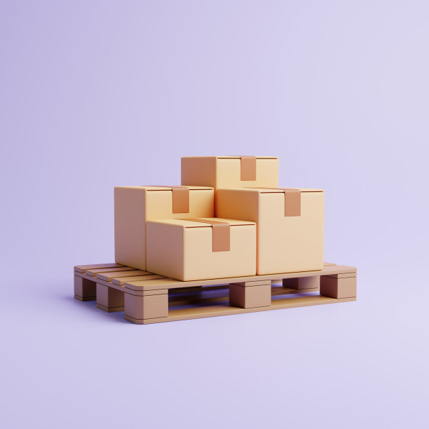 棕色的纸板箱堆放在淡紫色背景的托盘上图片下载