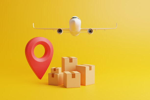 黄色背景下飞行的飞机下一组带有红色位置指针的棕色纸箱图片下载