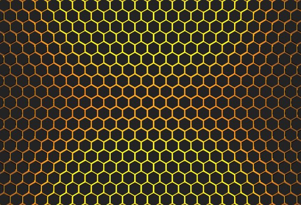 六边形黑色背景与黄光三维插图渲染设计，商业设计，您的任何设计等。图片下载