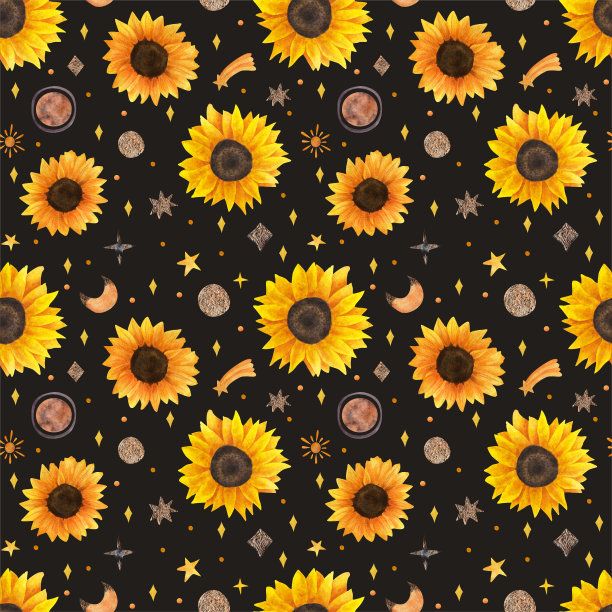 星星间的向日葵。水彩无缝图案图片下载