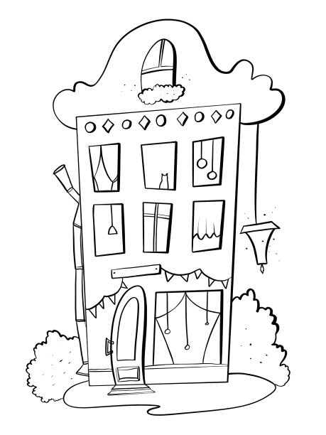 插图线轮廓卡通儿童风格的童话房子与小细节的明信片平面设计封面教育卡片和填色书图片下载