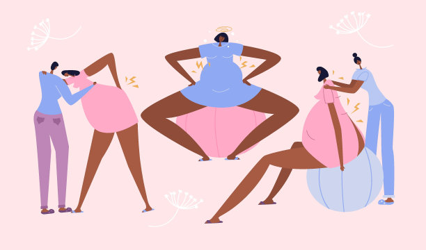 集非裔美国孕妇生下婴儿和助产师的协助帮助，支持。女性有不适，背部疼痛，腹部疼痛，站或坐在适合球的最佳位置。图片下载