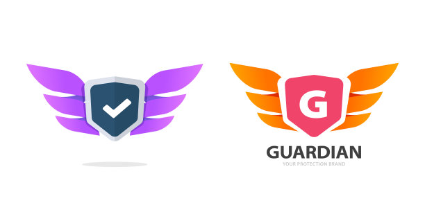 标志字母守护盾与翅膀矢量图标，天使防御安全强大的力量现代设计图形吉祥物，保护徽章标志形象集剪纸，抽象鹰徽纹章形象图片下载