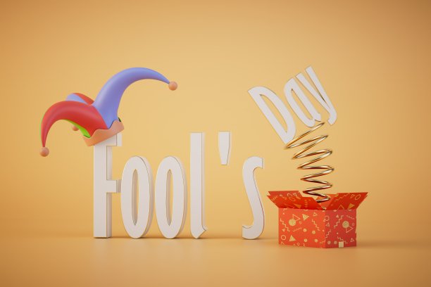 愚人节庆祝活动。一个盒子，里面有一个会飞的弹簧，一顶小丑帽，上面写着愚人节。3D渲染图片下载