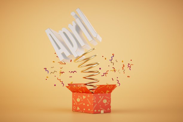 愚人节庆祝活动。带有飞行弹簧的盒子，上面刻有“四月。3D渲染”字样图片下载