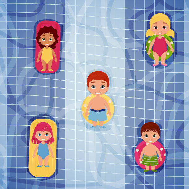 孩子们在气垫上游泳的俯视图，在游泳池里转圈圈。矢量图图片下载