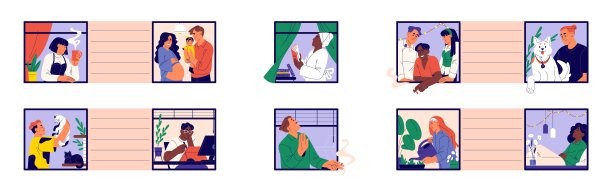 窗边的邻居。快乐好邻居，居家活动。邻里，邻里概念。人们花时间在家里。平面图形矢量插图孤立的白色背景图片下载