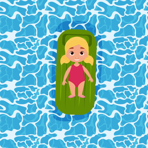 一个可爱的小女孩在粉红色的泳装漂浮在一个充气的绿色床垫在海上的俯视图。矢量插图。暑假图片下载