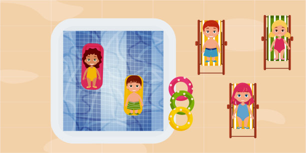 孩子们在气垫上游泳的俯视图和游泳池里的圆圈。孩子们在躺椅上游泳和晒日光浴。矢量图图片下载