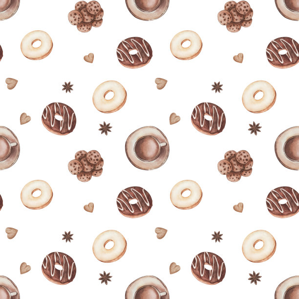 水彩无缝图案。手绘甜甜圈插画，白色糖衣和棕色巧克力。咖啡，饼干，八角，甜甜圈。甜食。白色背景打印图片下载