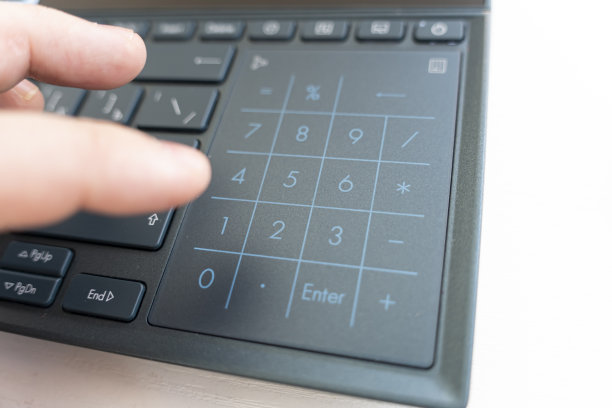 女性食指按0 NUMPAD键。特写镜头。在笔记本电脑键盘上进行财务计算图片下载