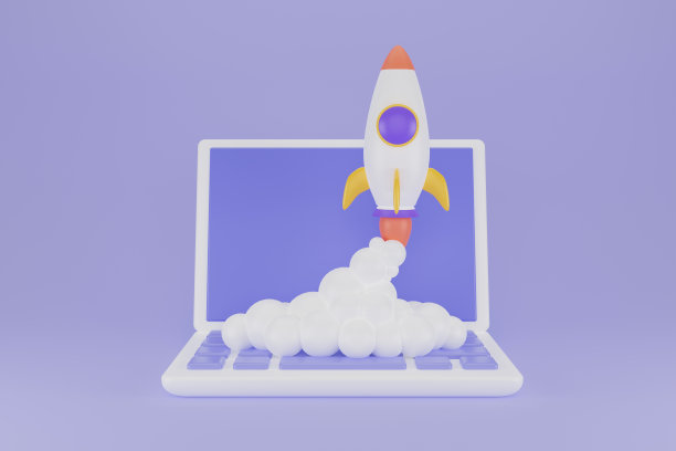 笔记本上的火箭发射，飞行的火箭图标，创业项目概念。推出新产品或服务。技术开发过程。三维渲染图片下载