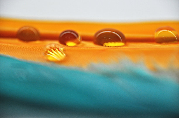 彩色染色鸭羽毛上的水滴在橙色和蓝色的露珠上特写图片下载