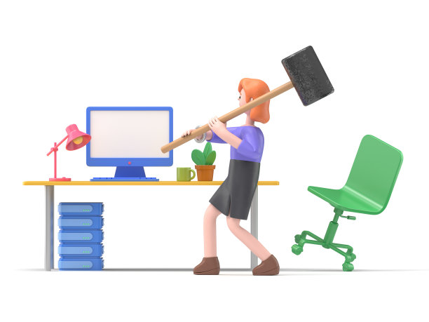 愤怒的欧洲女商人艾伦正在用锤子摧毁她自己的个人电脑。艰苦的工作。白色背景上的3D渲染。图片下载
