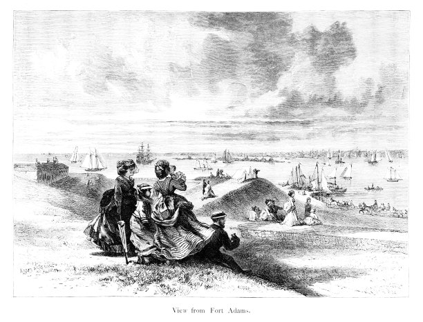 亚当斯堡从美国罗德岛新港海滩的悬崖上看，地理图片下载