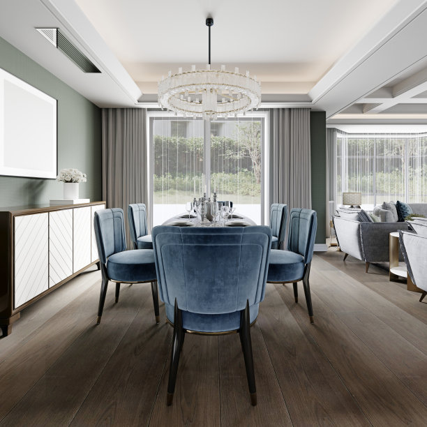 在一个现代的客厅用餐，有一个时髦的六人餐桌，蓝色软垫椅子，黑色花岗岩服务桌。图片下载