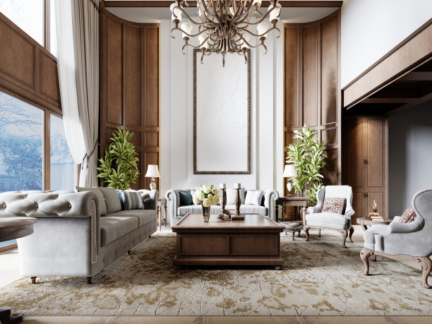 宽敞的休息区，天花板很高，墙壁上有美式风格的木镶板，还有一扇通往天花板的大窗户。图片下载